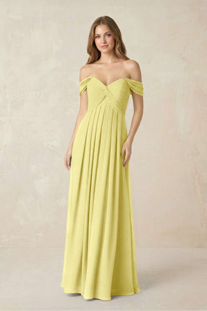Off - the - Shoulder A - Line Chiffon Pleated Bridesmaid Dress in Buttercup - KissProm Bridesmaid Dresses