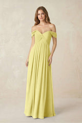 Off - the - Shoulder A - Line Chiffon Pleated Bridesmaid Dress in Buttercup - KissProm Bridesmaid Dresses