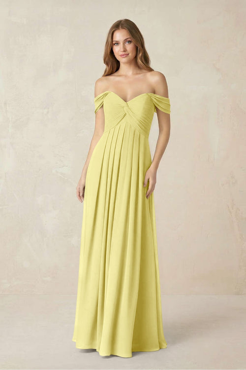 Off - the - Shoulder A - Line Chiffon Pleated Bridesmaid Dress in Buttercup - KissProm Bridesmaid Dresses