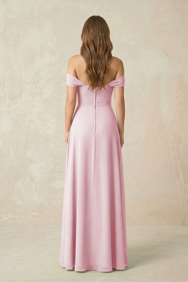 Off - the - Shoulder A - Line Chiffon Pleated Bridesmaid Dress in Candy Pink - KissProm Bridesmaid Dresses