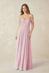 Off - the - Shoulder A - Line Chiffon Pleated Bridesmaid Dress in Candy Pink - KissProm Bridesmaid Dresses