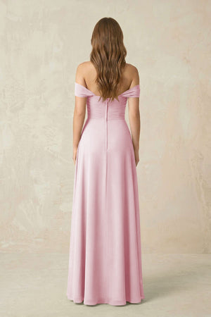 Off - the - Shoulder A - Line Chiffon Pleated Bridesmaid Dress in Candy Pink - KissProm Bridesmaid Dresses