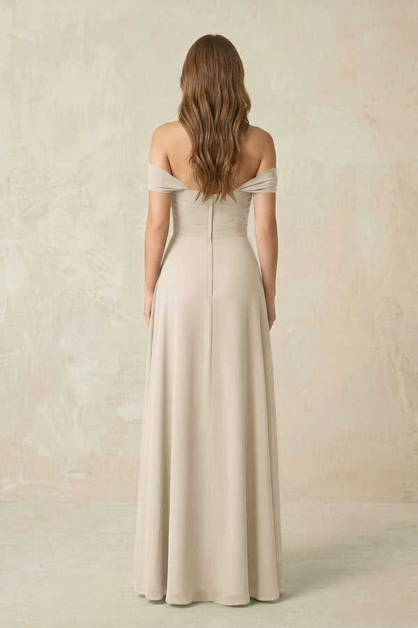 Off - the - Shoulder A - Line Chiffon Pleated Bridesmaid Dress in Champagne - KissProm Bridesmaid Dresses