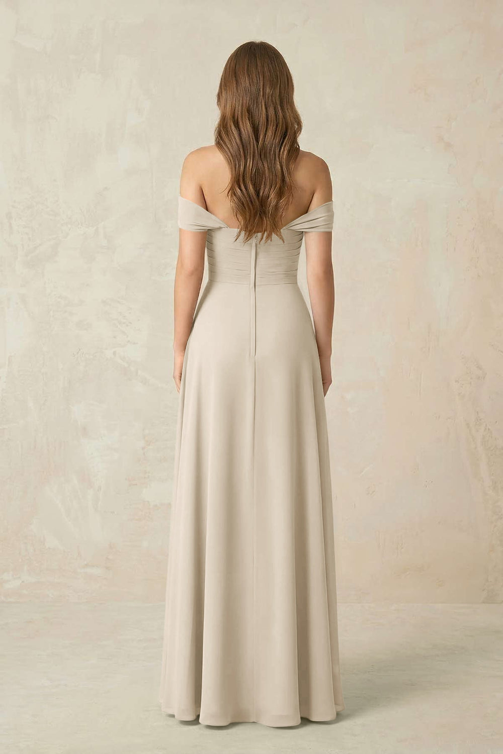 Off - the - Shoulder A - Line Chiffon Pleated Bridesmaid Dress in Champagne - KissProm Bridesmaid Dresses