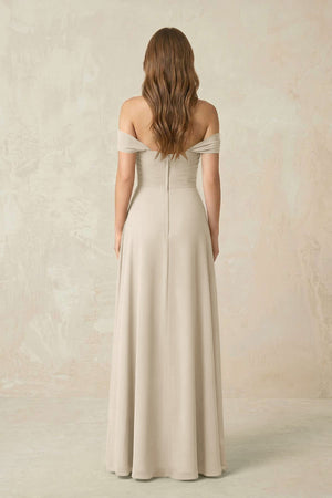 Off - the - Shoulder A - Line Chiffon Pleated Bridesmaid Dress in Champagne - KissProm Bridesmaid Dresses