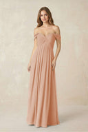 Off - the - Shoulder A - Line Chiffon Pleated Bridesmaid Dress in Champagne Rose - KissProm Bridesmaid Dresses