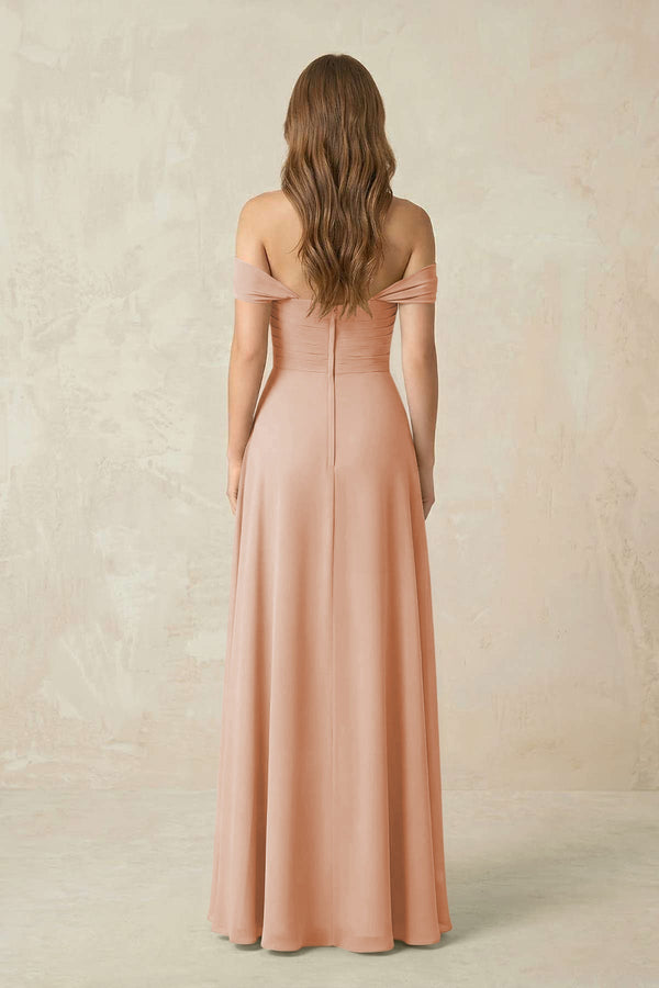 Off - the - Shoulder A - Line Chiffon Pleated Bridesmaid Dress in Champagne Rose - KissProm Bridesmaid Dresses