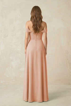 Off - the - Shoulder A - Line Chiffon Pleated Bridesmaid Dress in Champagne Rose - KissProm Bridesmaid Dresses
