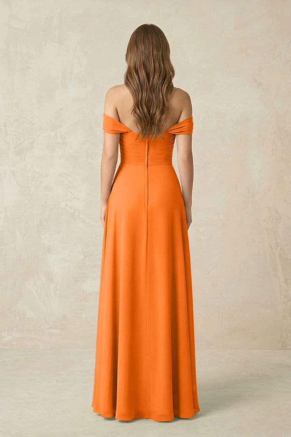 Off - the - Shoulder A - Line Chiffon Pleated Bridesmaid Dress in Cinnamon - KissProm Bridesmaid Dresses