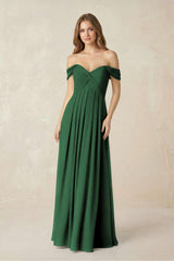 Off - the - Shoulder A - Line Chiffon Pleated Bridesmaid Dress in Dark Green - KissProm Bridesmaid Dresses