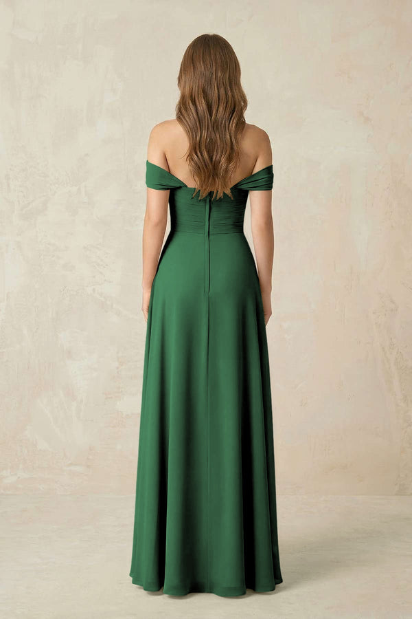 Off - the - Shoulder A - Line Chiffon Pleated Bridesmaid Dress in Dark Green - KissProm Bridesmaid Dresses