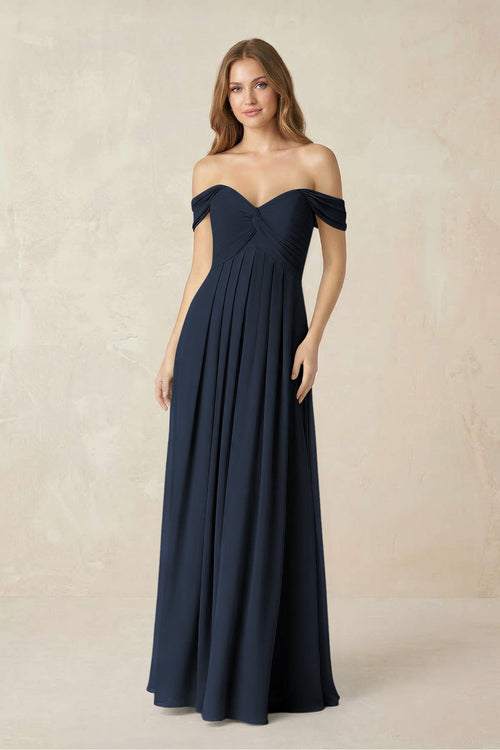 Off - the - Shoulder A - Line Chiffon Pleated Bridesmaid Dress in Dark Navy - KissProm Bridesmaid Dresses