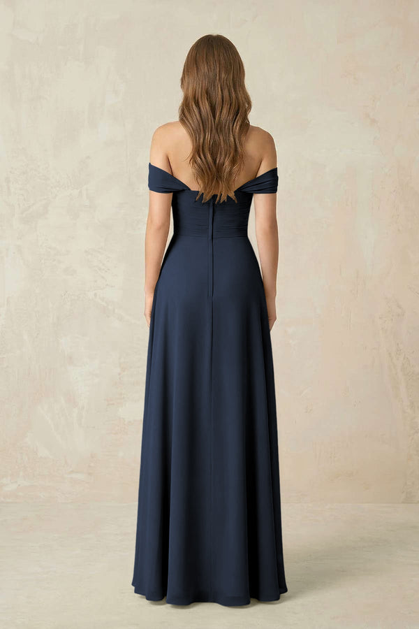 Off - the - Shoulder A - Line Chiffon Pleated Bridesmaid Dress in Dark Navy - KissProm Bridesmaid Dresses