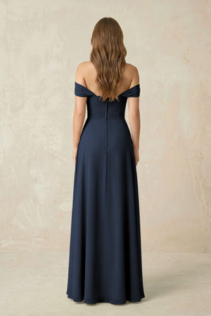 Off - the - Shoulder A - Line Chiffon Pleated Bridesmaid Dress in Dark Navy - KissProm Bridesmaid Dresses