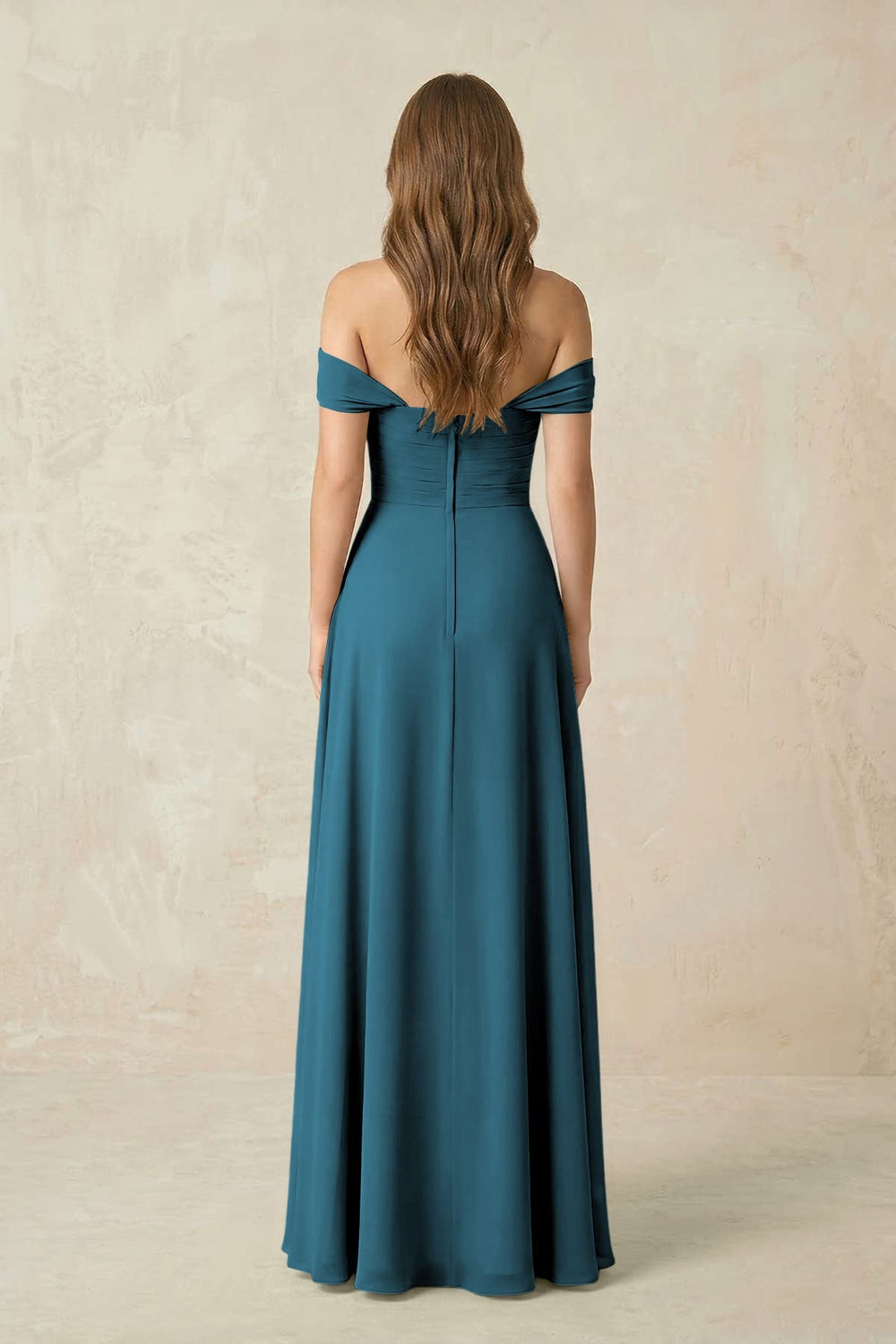 Off - the - Shoulder A - Line Chiffon Pleated Bridesmaid Dress in Dark Teal - KissProm Bridesmaid Dresses