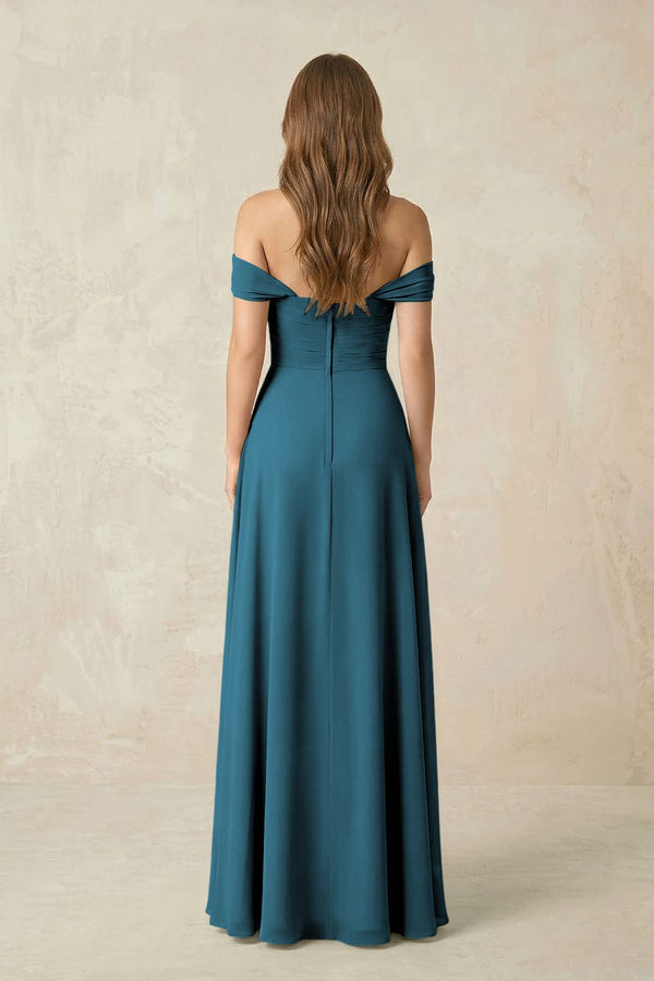 Off - the - Shoulder A - Line Chiffon Pleated Bridesmaid Dress in Dark Teal - KissProm Bridesmaid Dresses