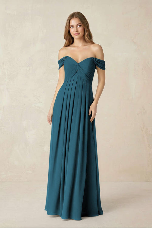 Off - the - Shoulder A - Line Chiffon Pleated Bridesmaid Dress in Dark Teal - KissProm Bridesmaid Dresses