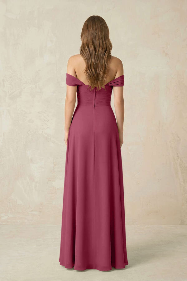 Off - the - Shoulder A - Line Chiffon Pleated Bridesmaid Dress in Desert Rose - KissProm Bridesmaid Dresses