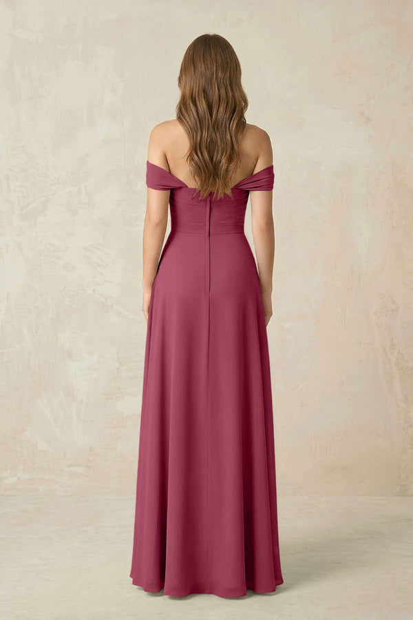 Off - the - Shoulder A - Line Chiffon Pleated Bridesmaid Dress in Desert Rose - KissProm Bridesmaid Dresses