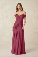 Off - the - Shoulder A - Line Chiffon Pleated Bridesmaid Dress in Desert Rose - KissProm Bridesmaid Dresses