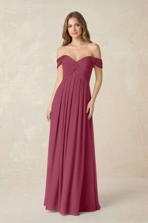 Off - the - Shoulder A - Line Chiffon Pleated Bridesmaid Dress in Desert Rose - KissProm Bridesmaid Dresses