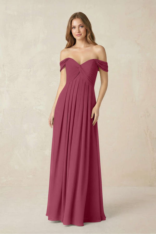 Off - the - Shoulder A - Line Chiffon Pleated Bridesmaid Dress in Desert Rose - KissProm Bridesmaid Dresses