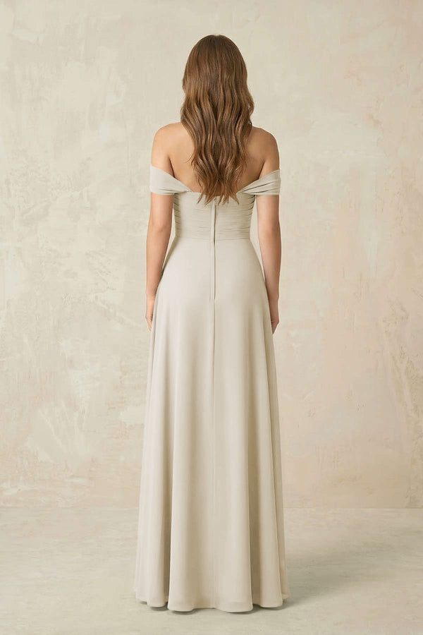 Off - the - Shoulder A - Line Chiffon Pleated Bridesmaid Dress in Dove Gray - KissProm Bridesmaid Dresses