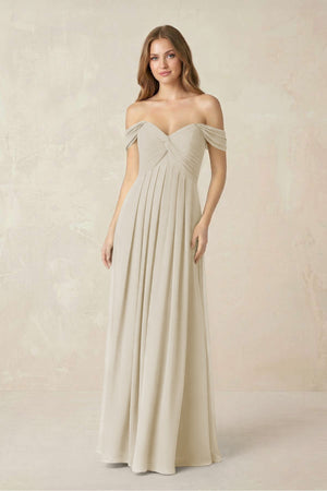 Off - the - Shoulder A - Line Chiffon Pleated Bridesmaid Dress in Dove Gray - KissProm Bridesmaid Dresses