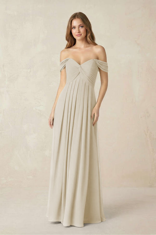 Off - the - Shoulder A - Line Chiffon Pleated Bridesmaid Dress in Dove Gray - KissProm Bridesmaid Dresses