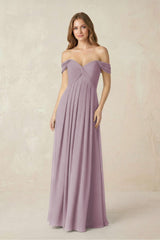 Off - the - Shoulder A - Line Chiffon Pleated Bridesmaid Dress in Dusk - KissProm Bridesmaid Dresses