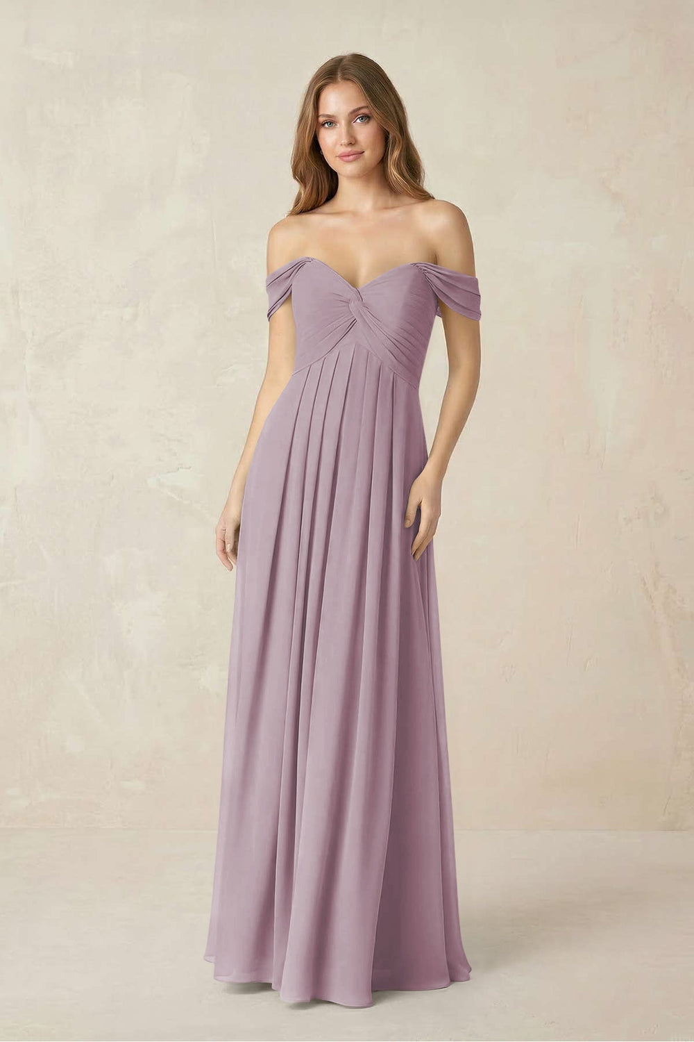 Off - the - Shoulder A - Line Chiffon Pleated Bridesmaid Dress in Dusk - KissProm Bridesmaid Dresses