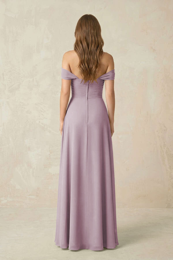 Off - the - Shoulder A - Line Chiffon Pleated Bridesmaid Dress in Dusk - KissProm Bridesmaid Dresses