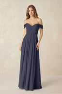 Off - the - Shoulder A - Line Chiffon Pleated Bridesmaid Dress in Dusk Blue - KissProm Bridesmaid Dresses
