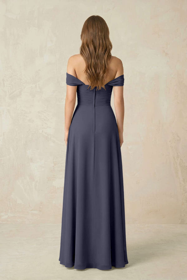 Off - the - Shoulder A - Line Chiffon Pleated Bridesmaid Dress in Dusk Blue - KissProm Bridesmaid Dresses
