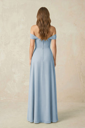 Off - the - Shoulder A - Line Chiffon Pleated Bridesmaid Dress in Dusty Blue - KissProm Bridesmaid Dresses