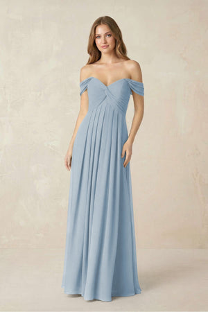 Off - the - Shoulder A - Line Chiffon Pleated Bridesmaid Dress in Dusty Blue - KissProm Bridesmaid Dresses