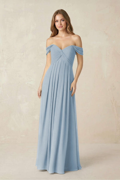 Off - the - Shoulder A - Line Chiffon Pleated Bridesmaid Dress in Dusty Blue - KissProm Bridesmaid Dresses