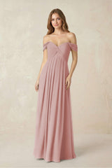 Off - the - Shoulder A - Line Chiffon Pleated Bridesmaid Dress in Dusty Rose - KissProm Bridesmaid Dresses