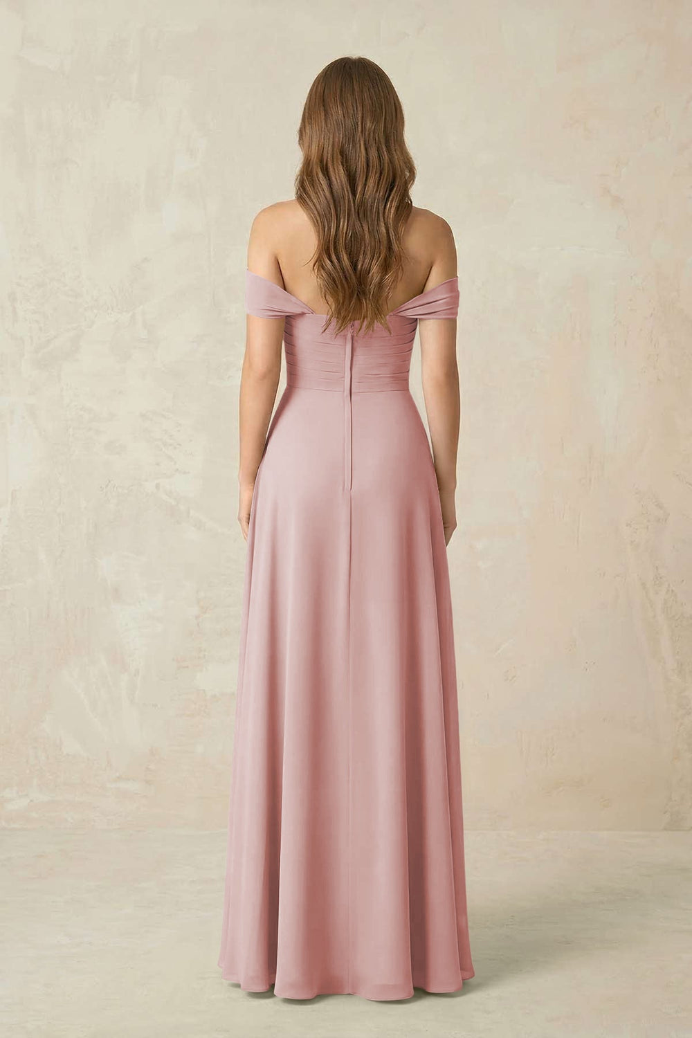 Off - the - Shoulder A - Line Chiffon Pleated Bridesmaid Dress in Dusty Rose - KissProm Bridesmaid Dresses