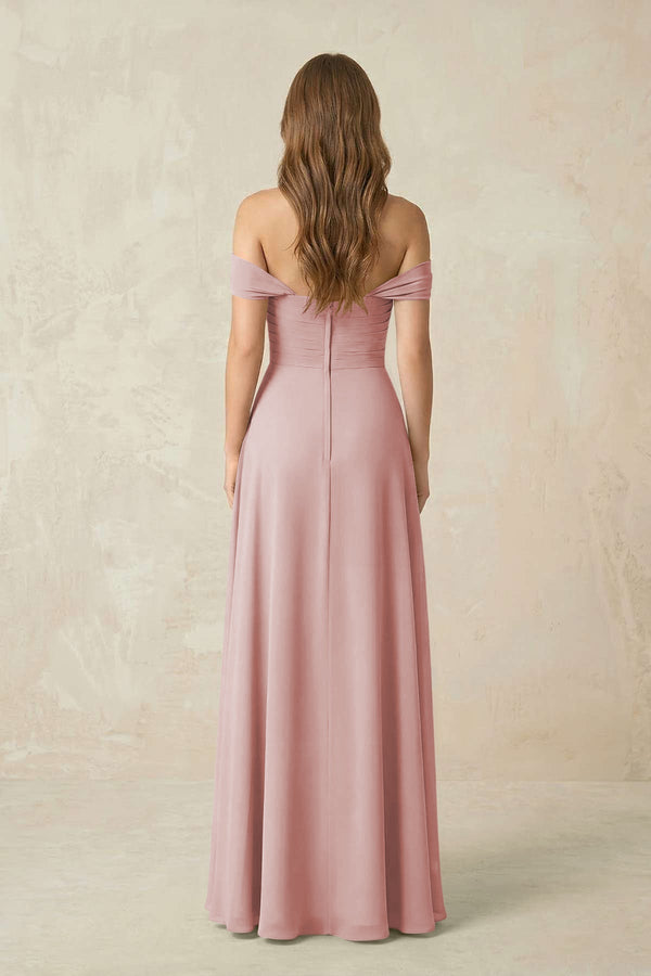 Off - the - Shoulder A - Line Chiffon Pleated Bridesmaid Dress in Dusty Rose - KissProm Bridesmaid Dresses