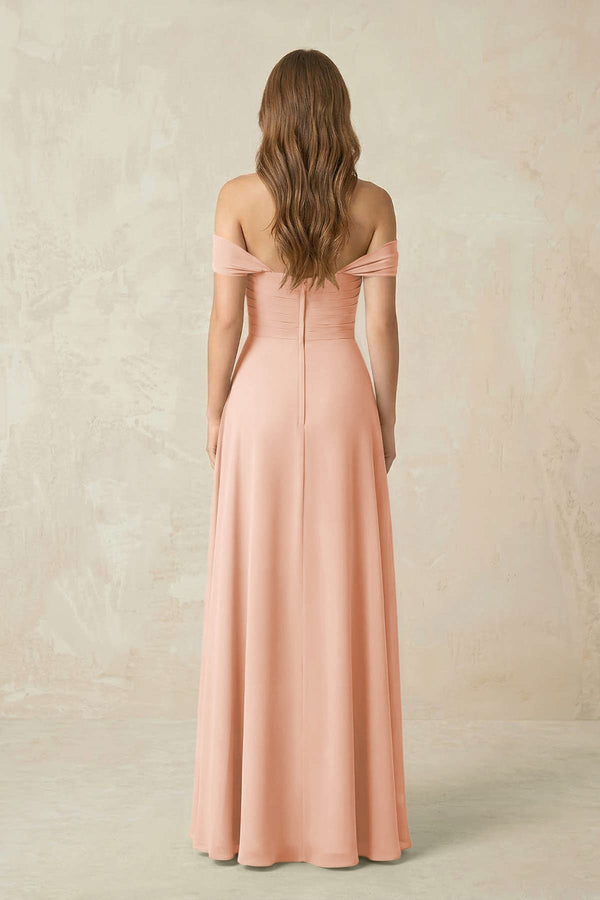 Off - the - Shoulder A - Line Chiffon Pleated Bridesmaid Dress in English Rose - KissProm Bridesmaid Dresses