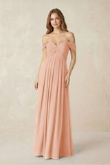 Off - the - Shoulder A - Line Chiffon Pleated Bridesmaid Dress in English Rose - KissProm Bridesmaid Dresses
