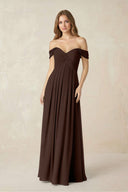 Off - the - Shoulder A - Line Chiffon Pleated Bridesmaid Dress in Espresso - KissProm Bridesmaid Dresses