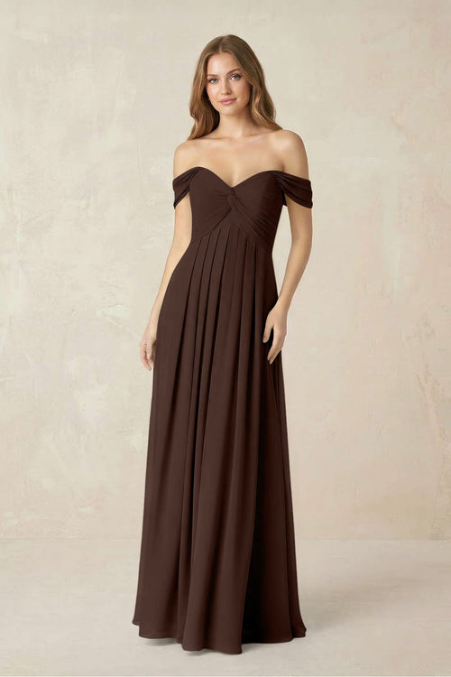 Off - the - Shoulder A - Line Chiffon Pleated Bridesmaid Dress in Espresso - KissProm Bridesmaid Dresses