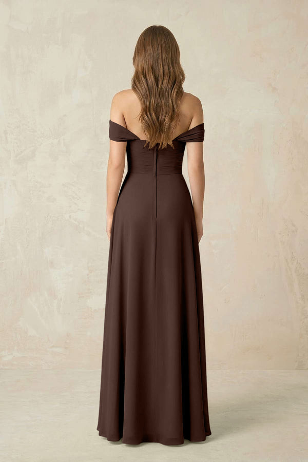 Off - the - Shoulder A - Line Chiffon Pleated Bridesmaid Dress in Espresso - KissProm Bridesmaid Dresses