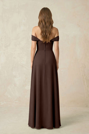 Off - the - Shoulder A - Line Chiffon Pleated Bridesmaid Dress in Espresso - KissProm Bridesmaid Dresses