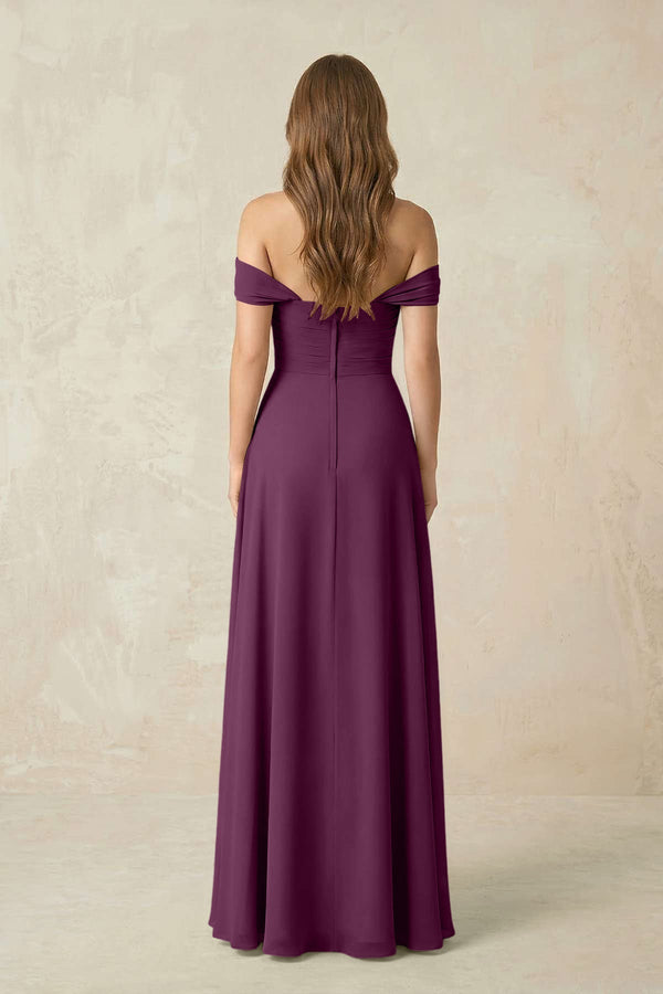 Off - the - Shoulder A - Line Chiffon Pleated Bridesmaid Dress in Fig - KissProm Bridesmaid Dresses