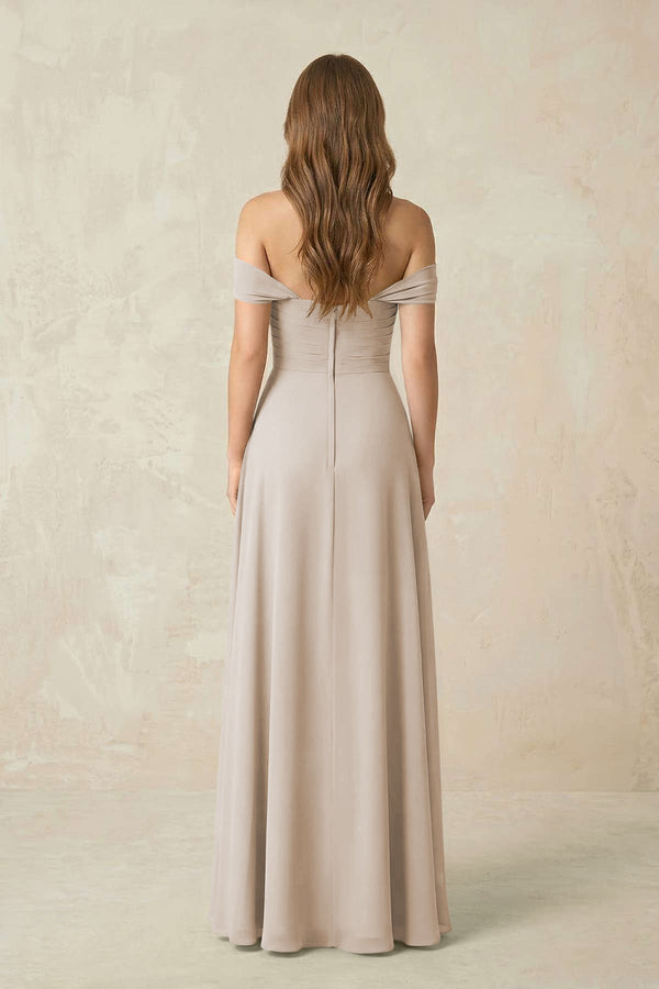 Off - the - Shoulder A - Line Chiffon Pleated Bridesmaid Dress in Frost - KissProm Bridesmaid Dresses
