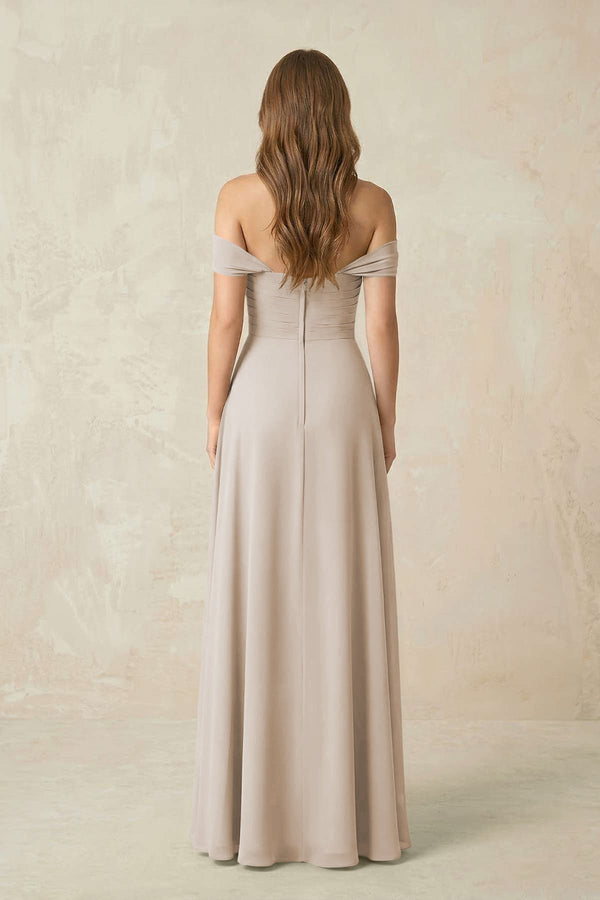 Off - the - Shoulder A - Line Chiffon Pleated Bridesmaid Dress in Frost - KissProm Bridesmaid Dresses