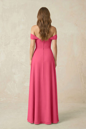 Off - the - Shoulder A - Line Chiffon Pleated Bridesmaid Dress in Fuchsia - KissProm Bridesmaid Dresses